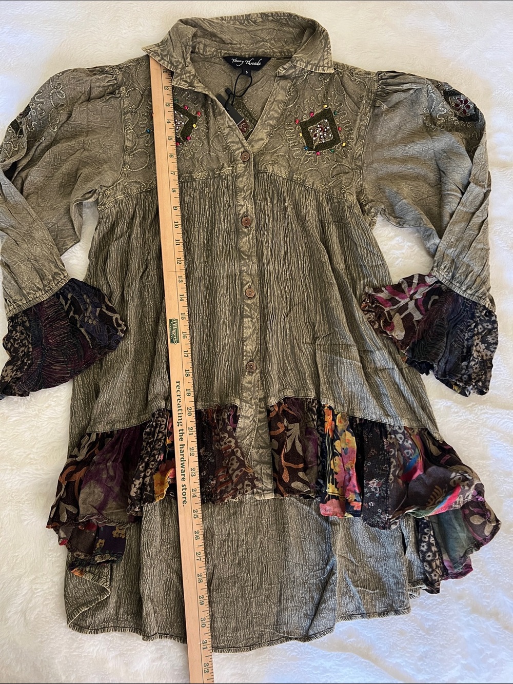 New - Young Threads Olive Embroidered Button-Front Tunic with Multicolor Ruffle - Picture 2 of 6